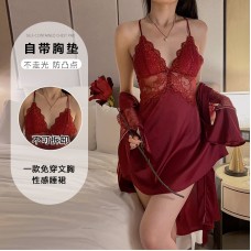 Guiruo Sexy Thin Breathable Ice Silk Pajamas Open Back Chest Pads Gathered Strap Pajamas Outer Robe Home Set 3660