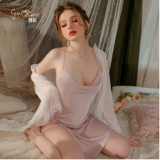 Guiruo Spring/Summer Thin Ice Silk Pajamas Simple and Comfortable Open Back Suspended Sleeping Dress Outer Robe Women's Home Furnishing Set 3430