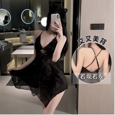 Guiruo Fun Underwear Sexy Perspective Temptation Deep V Backless Nightwear Lace Suspended Dress Home Suit Set 1641