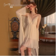 Guiruo Sexy Lace Mesh Perspective Attractive Deep V Sling Sleeping Dress Casual Outrobe Women's Home Furnishing Set 2133