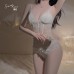 Ruo Ruo Sexy Backless Perspective Lace Deep V Temptation with Chest Cushion Bra Style Top and Shorts Pure Desire Three Point Set