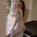 Guiruo brand's simulated silk stitching mesh feather cuffs with three-dimensional embroidery lace up long nightgown and home clothing 1000