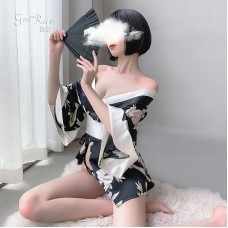 Guiruo Fun Lingerie Uniform Temptation Open Front Printed Japanese Bow Big Cuffs Kimono Sexy Set 693