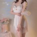 Guiruo Summer Sexy Mesh Perspective Temptation with Chest Cushion Ice Silk Sling Sleeping Dress Outer Robe Home Fur Set 3226