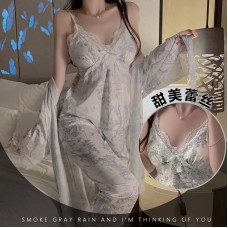 Guiruo Satin Sweet Lace Deep V with Chest Pad Printed Strap Top Long Outrobe Home Suit Set 3804