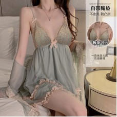 Guiruo Sexy Pure Desire Mesh Pajamas with Chest Pads Gathered Strap Sleeping Skirt Outer Robe Women's Home Furnishing Set P3772