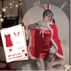 Guiruo Velvet Low cut V-neck Sexy Slim Fit Velvet Suspender Sleeping Dress Cloak Christmas Uniform Fun Set 1115