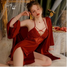 Guiruo Satin Perspective Mesh Sexy V-Neck Close-up Double Split Women's Suspender Sleeping Dress Outerrobe Set 2355