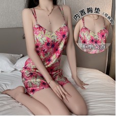 Guiruo Satin Print with Chest Pad Small Chest Fold Back Cross V-shaped Naked Back Women's Homewear Sleepwear 3764