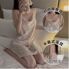 Guiruo Brand Sweet Printed Satin Stacked Collar Sexy Open Back Simple Fit Women's Home Sleeping Dress Set 3321