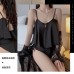 Guiruo Sexy Satin Hollow Lace Retro Plate Buckle Suspender Top Shorts Mesh Outer Robe Home Set 3383