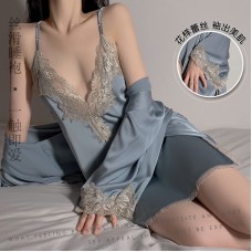 Guiruo Sexy Deep V Satin Lace Suspended Nightgown Sleeping Loose Bridal Nightgown Bathrobe Home Furnishing Set Sent on behalf of 272