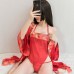 Guiruo Fun Lingerie Red Ancient and Kimono Style Palace Belly Pocket Sexy Uniform Outer Robe Seduction Pjama Set 757