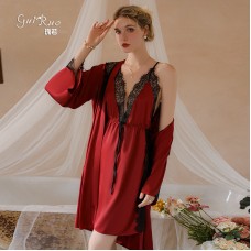 Guiruo Sexy Backless Temptation Pajamas Ice Silk Sling Sleeping Dress Outer Robe Simple Women's Home Fur Set 19151