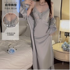 Guiruo Satin Lace and Chest Cushion Combination Sexy Backless Pure Desire Split Sleeping Dress Outer Robe Home Set J2970