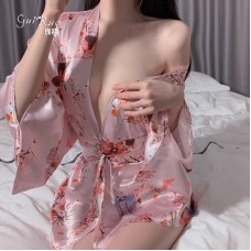 Guiruo Fun Lingerie Low Breast Dew Breast Seduction Japanese Seduction Lace up Cardigan and Bed Uniform Set 1597