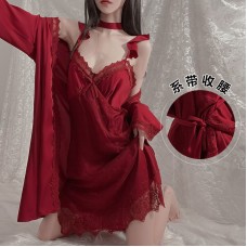 Guiruo Satin Embroidered Lace V-Neck Flying Sleeves Sexy Sleeping Dress Simple and Comfortable Outer Robe Women's Home Furnishing Set 1574