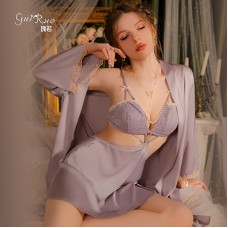 Ruo Ruo Sexy Satin Lace and Chest Cushion Gathered Hollow Out Slim Slim Slim Slim Slim Slim Slim Slim Slim Sleeping Dress Outer Robe Women's Home Set 3431