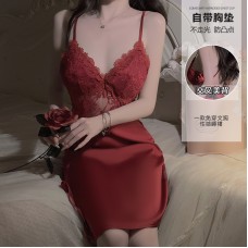 Guiruo Sexy Satin Embroidery Lace Deep V with Chest Cushion Hanging Strap Sleeping Dress Lazy Outer Robe Home Suit Set 2744