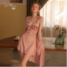 Guiruo Sexy Open Back Ice Silk Comfortable Solid Color Pajamas Gathering Chest Pads, Suspended Skirts, Outskirts, Home Furnishing Set 2227