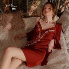 Guiruo French Perspective with Chest Cushion Lace up Hollow out Temptation Satin Hanging Strap Sleeping Dress Outer Robe Home Suit Set 3340