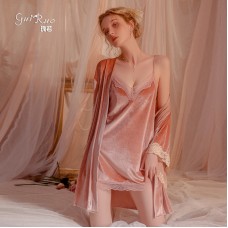 Qiruo Brand Autumn and Winter Sexy Lace Splice Velvet Suspended Sleeping Dress Lace up Outer Robe Women's Home Fur Set 2828