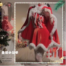 Guiruo Princess Style Christmas Uniforms Sexy Open Back Skirt Plush Spliced Lace up Cape Velvet Fun Set 2518