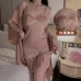 Guiruo Summer Ice Silk Pajamas Comfortable Perspective Sweet Mesh and Chest Cushion Suspender Sleeping Dress Outer Robe Women's Set 2419