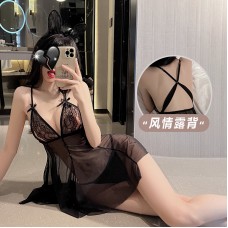 Guiruo Fun Lingerie Sexy Backless Private Nightwear Lace Dew Breast Temptation Sling Dress Home Suit Set 1639