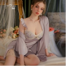 Guiruo Satin Deep V Flying Sleeves Embroidered Mesh with Chest Cushion Suspender Sleeping Dress Lace Up Outer Robe Home Suit Set 3559