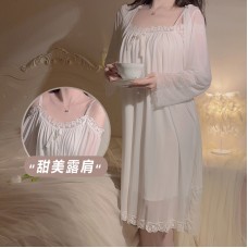 Guiruo Princess Style Soft Mesh Sweet Lace Loose and Comfortable Sling Sleeping Dress Outer Robe Home Suit Set 2373