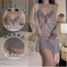 Guiruo Satin Face with Chest Pad Splice Lace Hot Backless Cross Strap Temptation Sleeping Dress Outrobe Set J2708