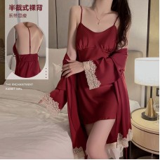 Guiruo Lingerie Summer Solid Color Ice Silk Waist Slim Lace Up Fold Suspended Sleeping Dress Outer Robe Home Set 1517