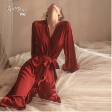 Guiruo Sexy Pajamas Women's Autumn and Winter Charm Temptation Satin Casual Comfortable Lace up Long Outrobe Set 19960