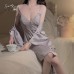 Rose Ruosi Smooth Satin Button Decoration Deep V Plus Chest Pads Perspective Temptation Sleeping Skirt Outer Robe Home Suit Set 3379