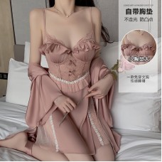 Guiruo Satin V-neck with Chest Pad Collar Collar Collar and Perspective Lace Sexy Lace Up Sleeping Dress Outer Robe Home Suit Set 3128