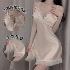 Guiruo Spring/Summer Bowknot Mesh Spliced Satin Nightwear Sweet Chest Cushion Suspender Sleepwear Home Suit 1380