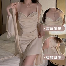 Guiruo Sexy Swinging Collar French Comfortable with Chest Pads Gathered Strap Sleeping Dress Outer Robe Women's Home Furnishing Set J3281