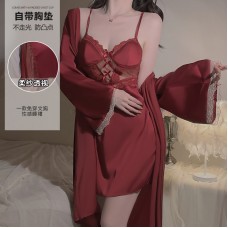 Guiruo Solid Satin Transparent Yarn with Chest Cushion Deep V Sexy Open Back Sleeping Dress Outer Robe Home Suit Set 3253