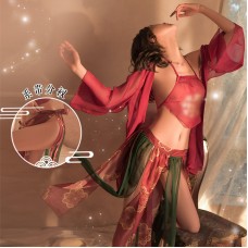 Guiruo Fun Underwear Sexy Lace up Split Sexy Hanfu Printed Mesh Belly Pocket Bed Uniform Set 1673