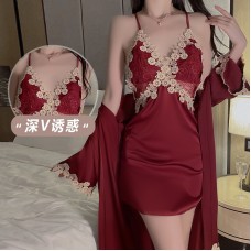 Guiruo Sexy Deep V Embroidery Lace Satin Sexy Open Back Pure Desire Sleeping Dress Loose Outer Robe Home Set 1203