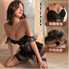 Guiruo Fun Lingerie Sexy Mesh Perspective Attractive Vest Steel Ring Gathering Chest Cushion Detachable Uniform Set 1738