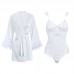 Ruo Ruo Sexy Deep V Lace Chest Cushion Pure Desire Open Crotch No Take Off One Piece Cuffs Feather Satin Outer Robe Set 2258