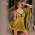 Guiruo Satin Lace Lace Strap and Chest Cushion Deep V Open Back Sweet Flying Sleeves Nightgown Home Suit Set 3246