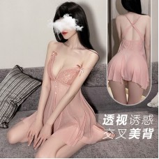 Guiruo Fun Underwear Sexy Perspective Attractive Lace Sweet Bow Knot Pajamas Open Back Suspended Dress Set 1639