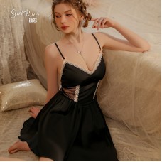 Guiruo Sexy Pajamas Deep V Lace Casual Pure Desire Sweet Drop Dress Chest Pad Gathering Home Suit Set J2699