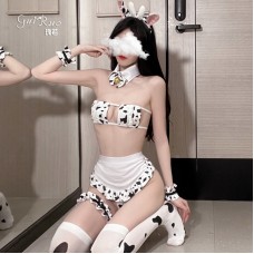 Guiruo Fun Underwear Sexy Hollow out Temptation Dew Breast Cartoon Sweet Cow Three Point Maid Uniform Set 1773