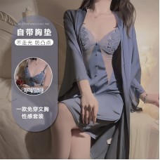 Guiruo Satin Slim Fit Perspective Mesh with Chest Pads Lace Deep V Temptation Sleeping Skirt Outer Robe Home Suit Set 3379