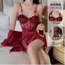 Guiruo Satin Lace and Chest Cushion Steel Ring Gathered and Collated, See-through Seduction Sleeping Dress, Outer Robe, Home Suit Set 2072