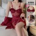 Guiruo Satin Lace and Chest Cushion Steel Ring Gathered and Collated, See-through Seduction Sleeping Dress, Outer Robe, Home Suit Set 2072